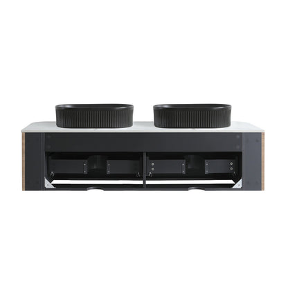 Erba 60 Inch Bathroom Vanity Sink in Honey Oak with dual black vessel sinks on white countertop on Tampa Home & Garden Store