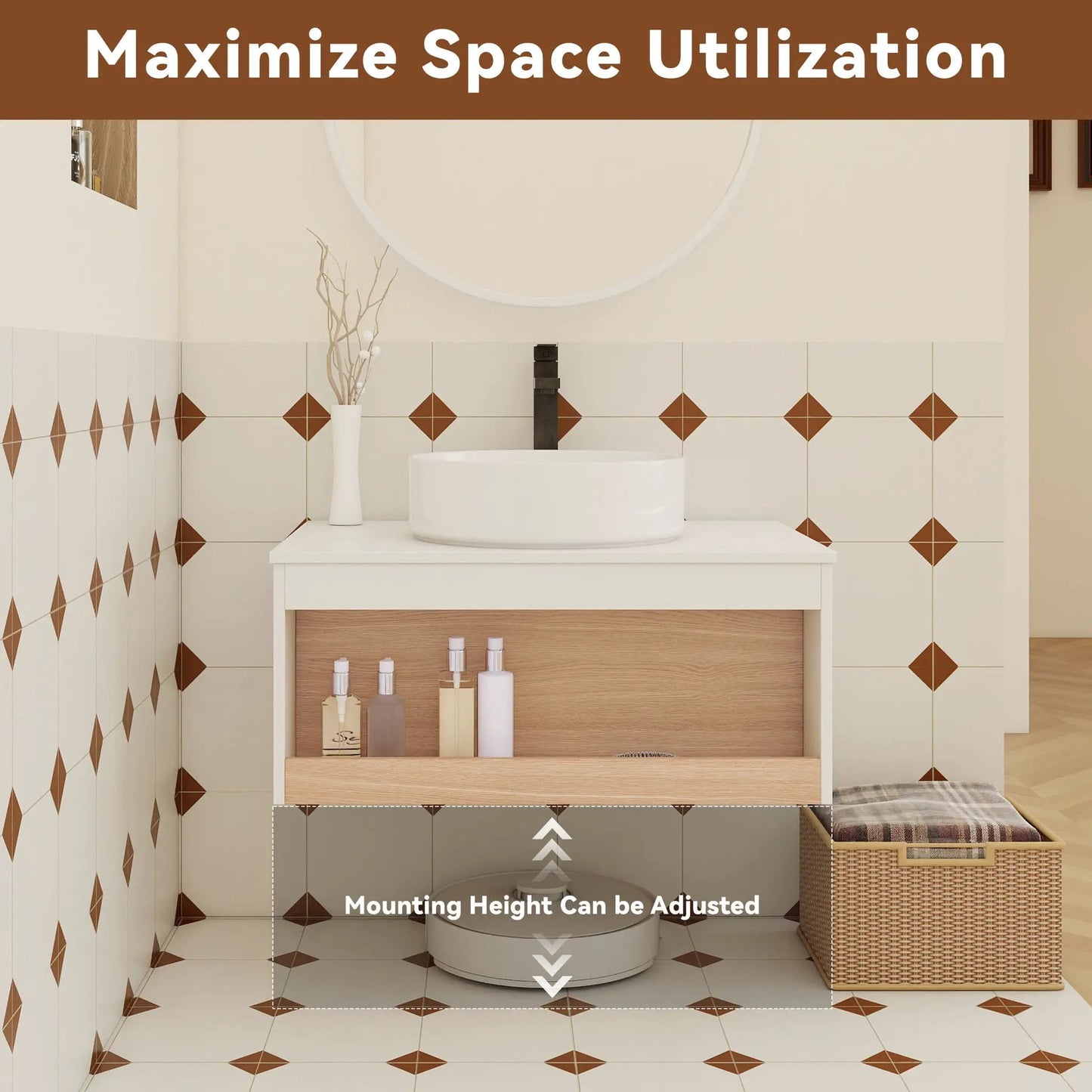 Floating vanity with glossy round vessel sink, white finish, by Unique Piece Furniture on Tampa Home & Garden Store