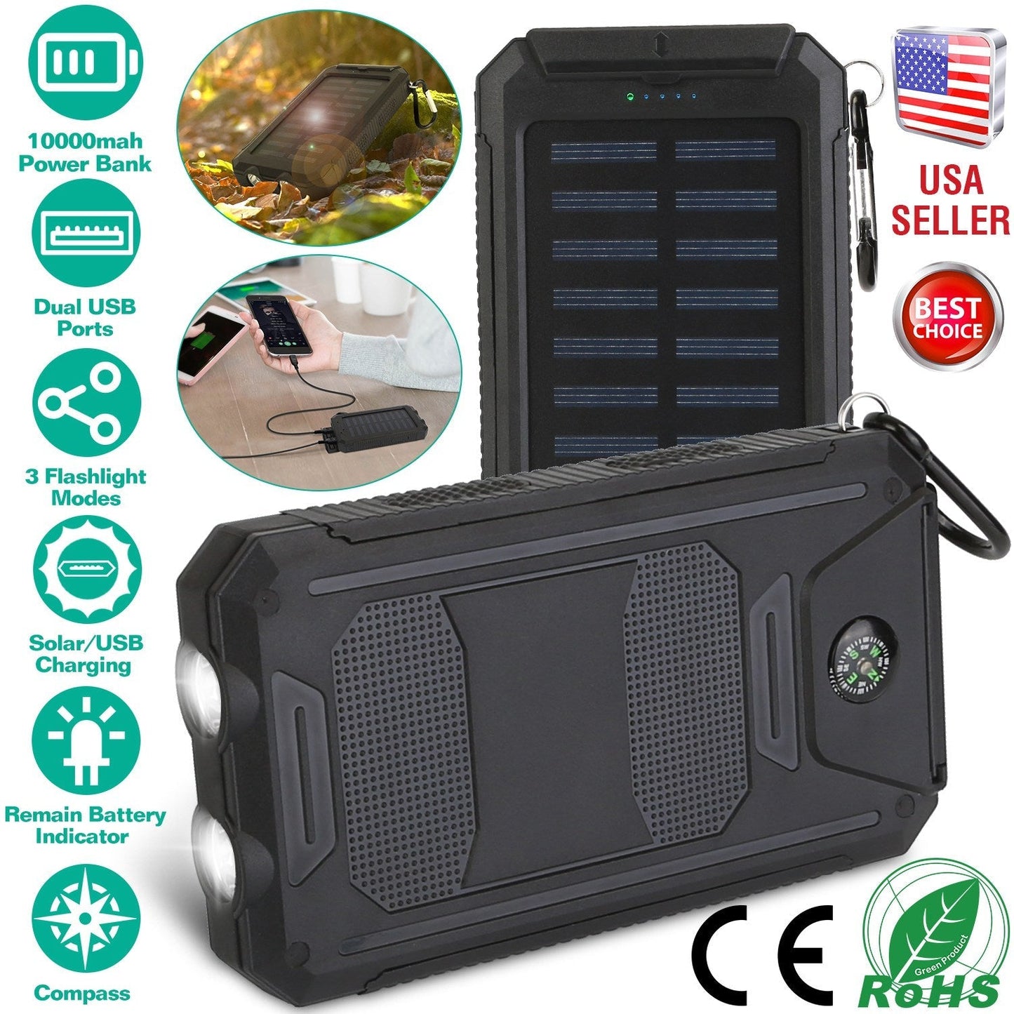 GemGear 10000mAh solar power bank with dual USB ports, solar panel and compass on Tampa Home & Garden Store