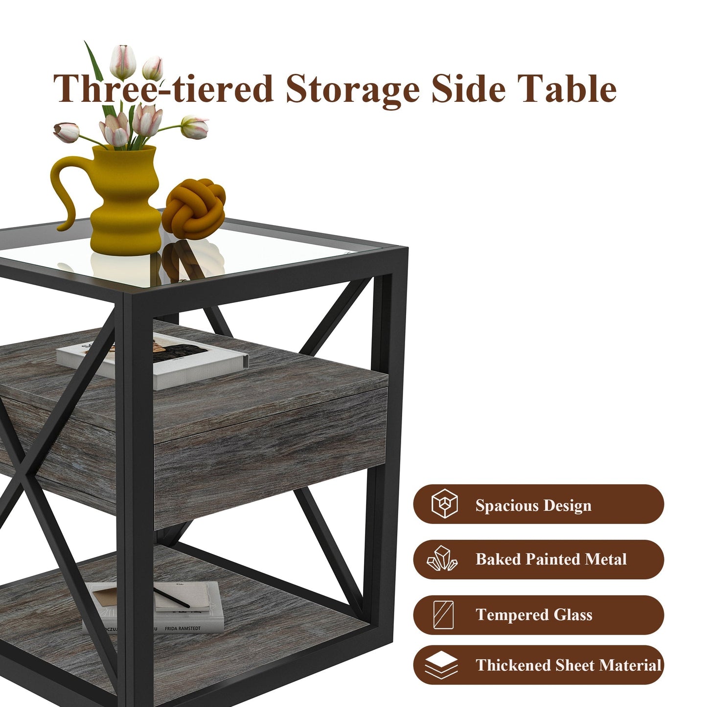 Set of 2 modern end tables with drawers by HouseOfZazla, black metal frame and glass top on Tampa Home & Garden Store