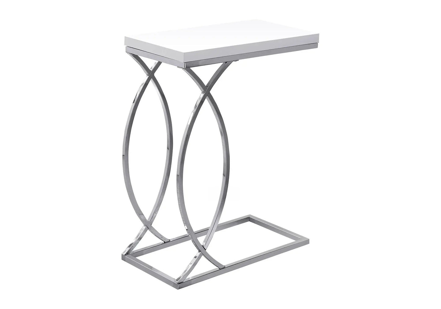 Accent Table, C-shaped chrome metal frame with circular loop legs and white rectangular tabletop on Tampa Home & Garden Store