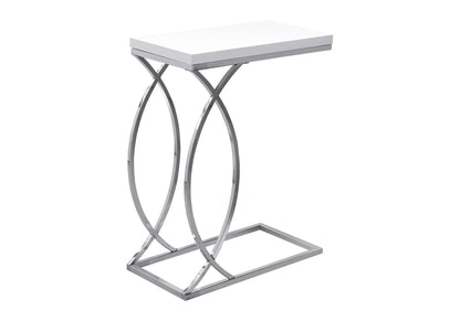Accent Table, C-shaped chrome metal frame with circular loop legs and white rectangular tabletop on Tampa Home & Garden Store