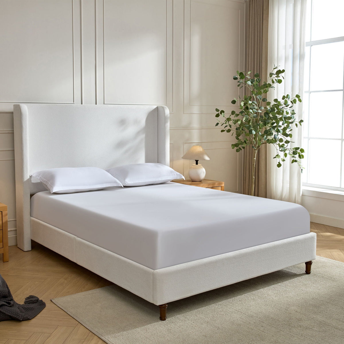 Harper tall headboard upholstered bed in white fabric with clean lines by HouseOfZazla on Tampa Home & Garden Store