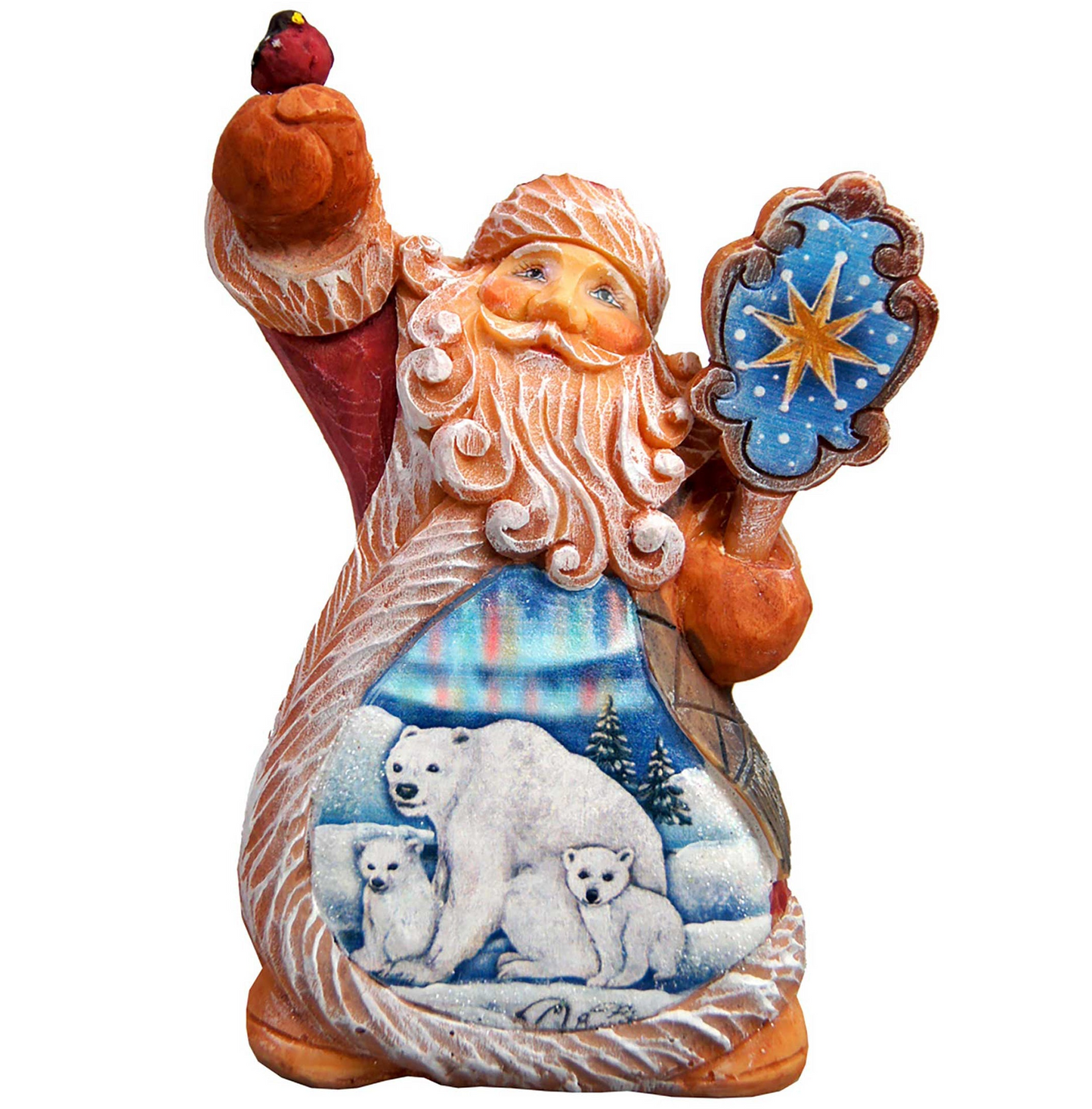 G. DeBrekht Santa Polar Bear Sculpted Holiday Ornament orange fur blue shield with star on Tampa Home & Garden Store