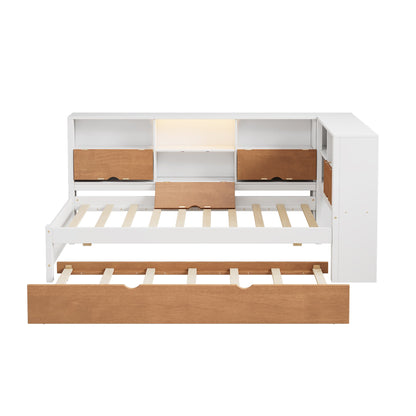 L-shaped bed frame with luggage and bookshelf, corner bed wooden captain's bed LED tube light and USB port walnut and white - Tampa Home & Garden Store