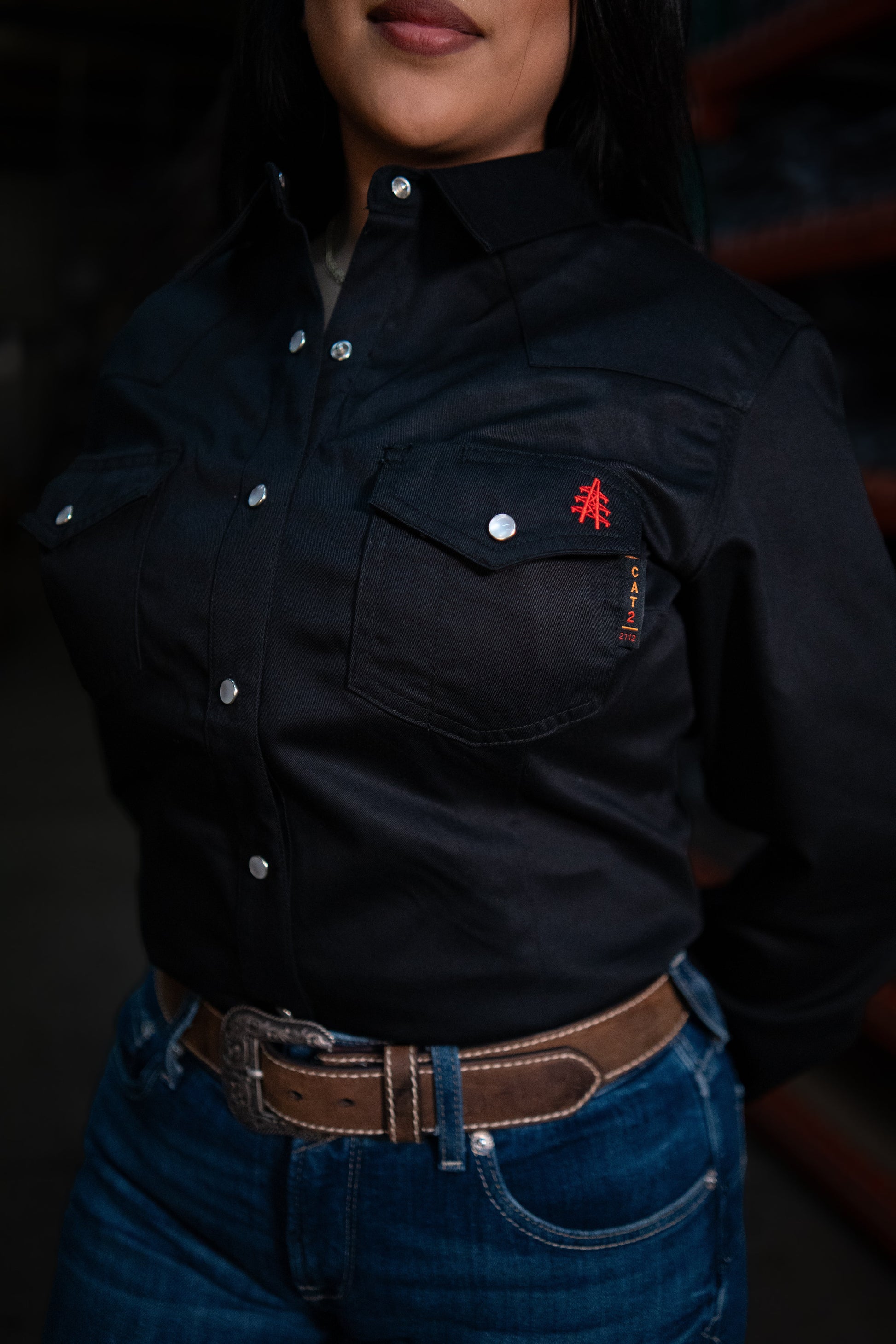 Women's FR Pearl Snap Western Black shirt by Static FR with pearl snaps and chest pocket on Tampa Home & Garden Store
