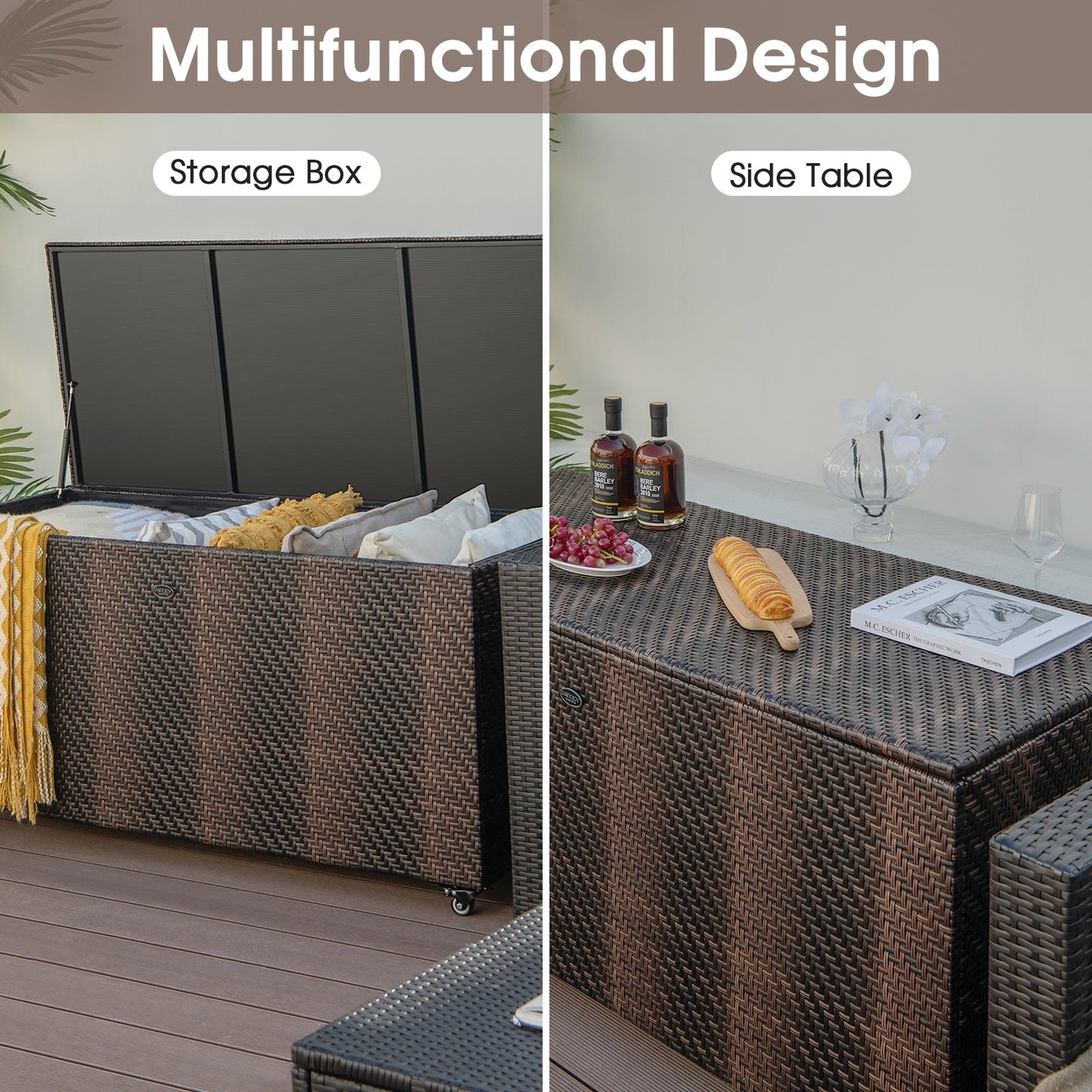96 Gallon PE Wicker Outdoor Storage Box with 4 Wheels-Brown