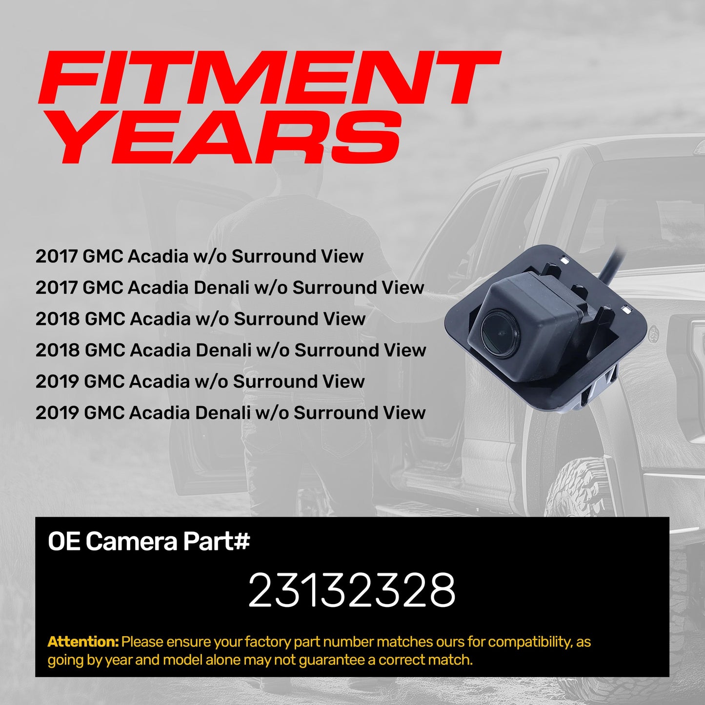 GMC Acadia Denali backup camera, 2017-2019, OEM replacement, OE part 23132328 on Tampa Home & Garden Store