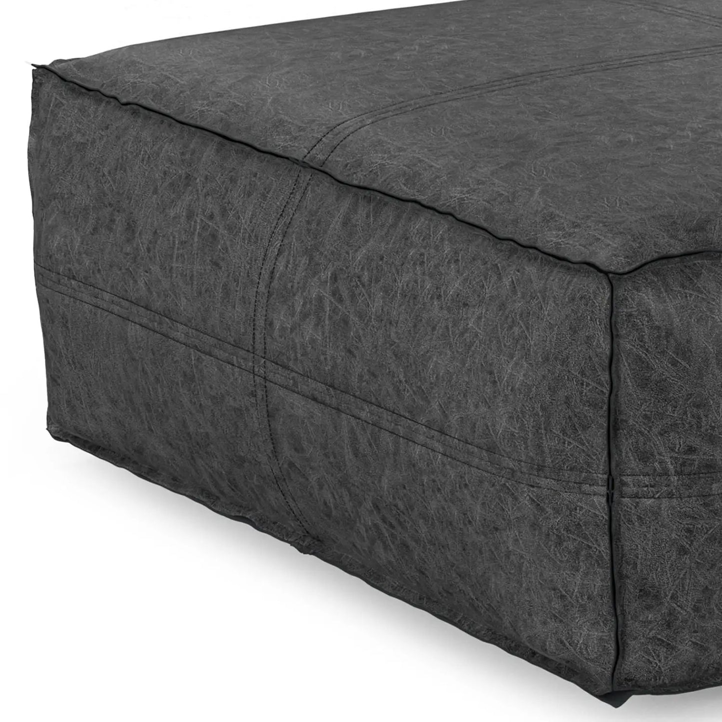 Brody Large Square Coffee Table Pouf in charcoal faux leather with visible stitching on Tampa Home & Garden Store