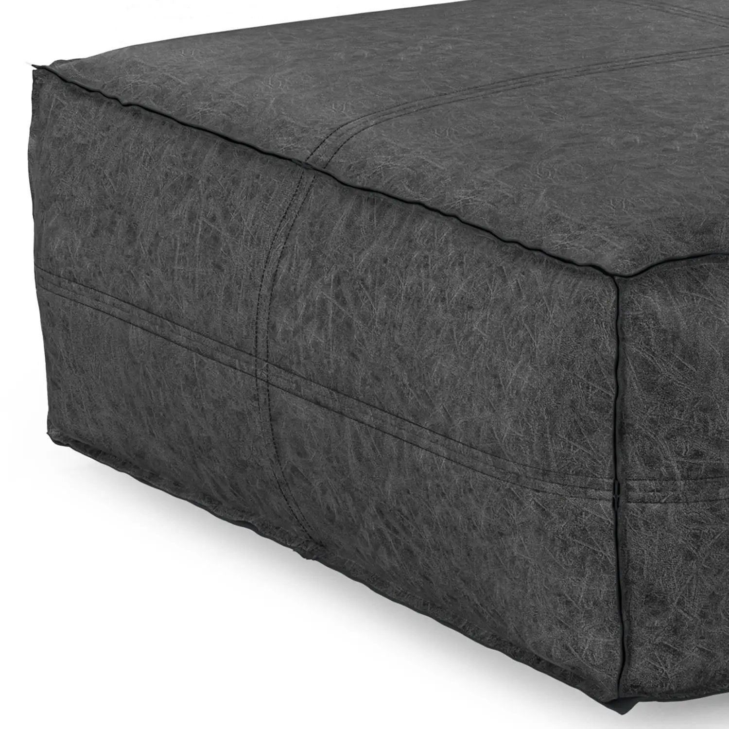 Brody Large Square Coffee Table Pouf in charcoal faux leather with visible stitching on Tampa Home & Garden Store