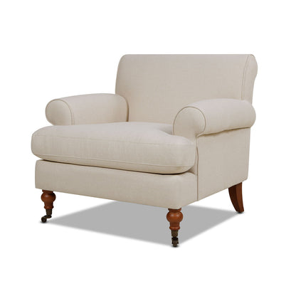 Accent arm chair with casters, beige upholstery, rolled arms and solid hardwood frame on Tampa Home & Garden Store