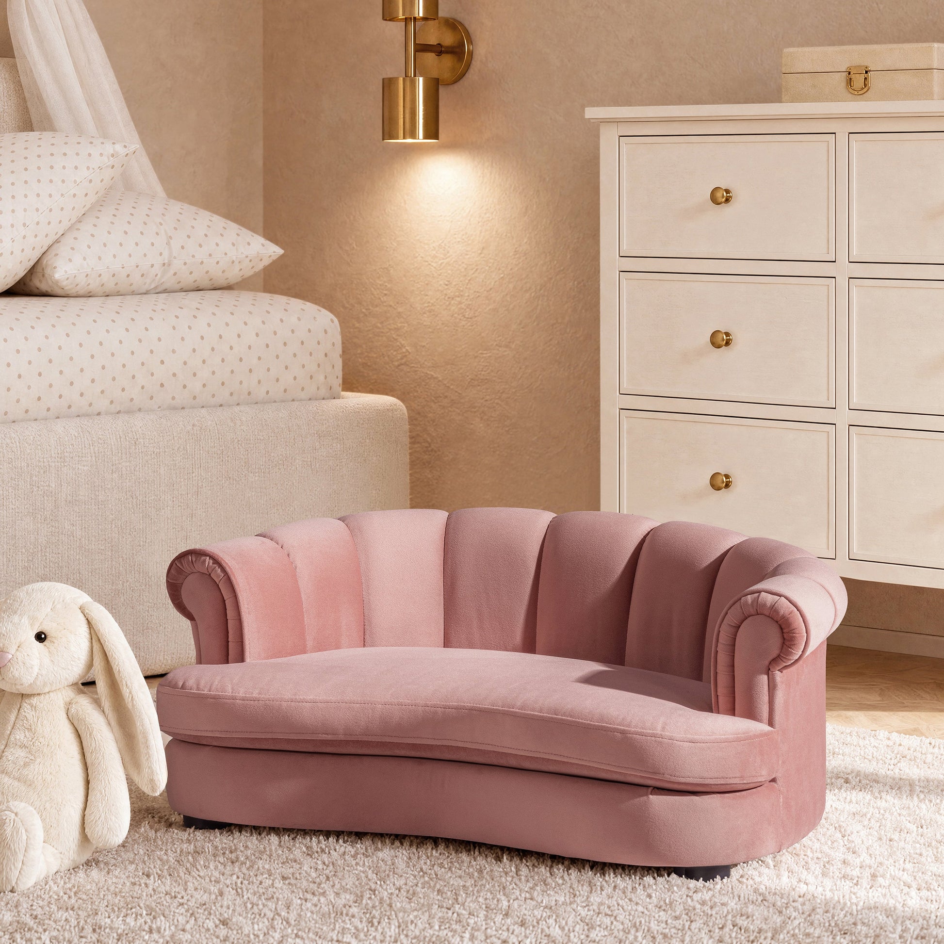 Halle 35.5-inch rolled-arm dog bed with channel-tufted back in soft pink velvet on Tampa Home & Garden Store