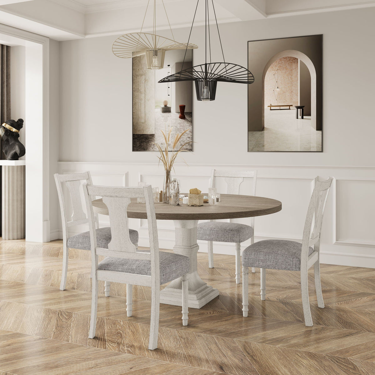 Round 5-piece dining table set with pedestal base in white and gray, 4 chairs on Tampa Home & Garden Store