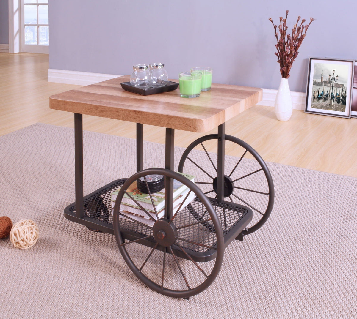 Francie light brown coffee table with black metal wheels by HouseOfZazla in living room on Tampa Home & Garden Store