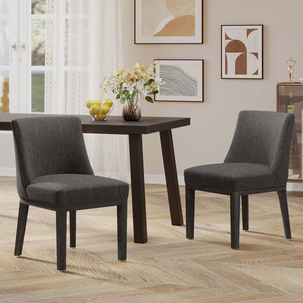 HouseOfZazla modern dining chair set of 2 in charcoal fabric upholstery with wooden frames on Tampa Home & Garden Store