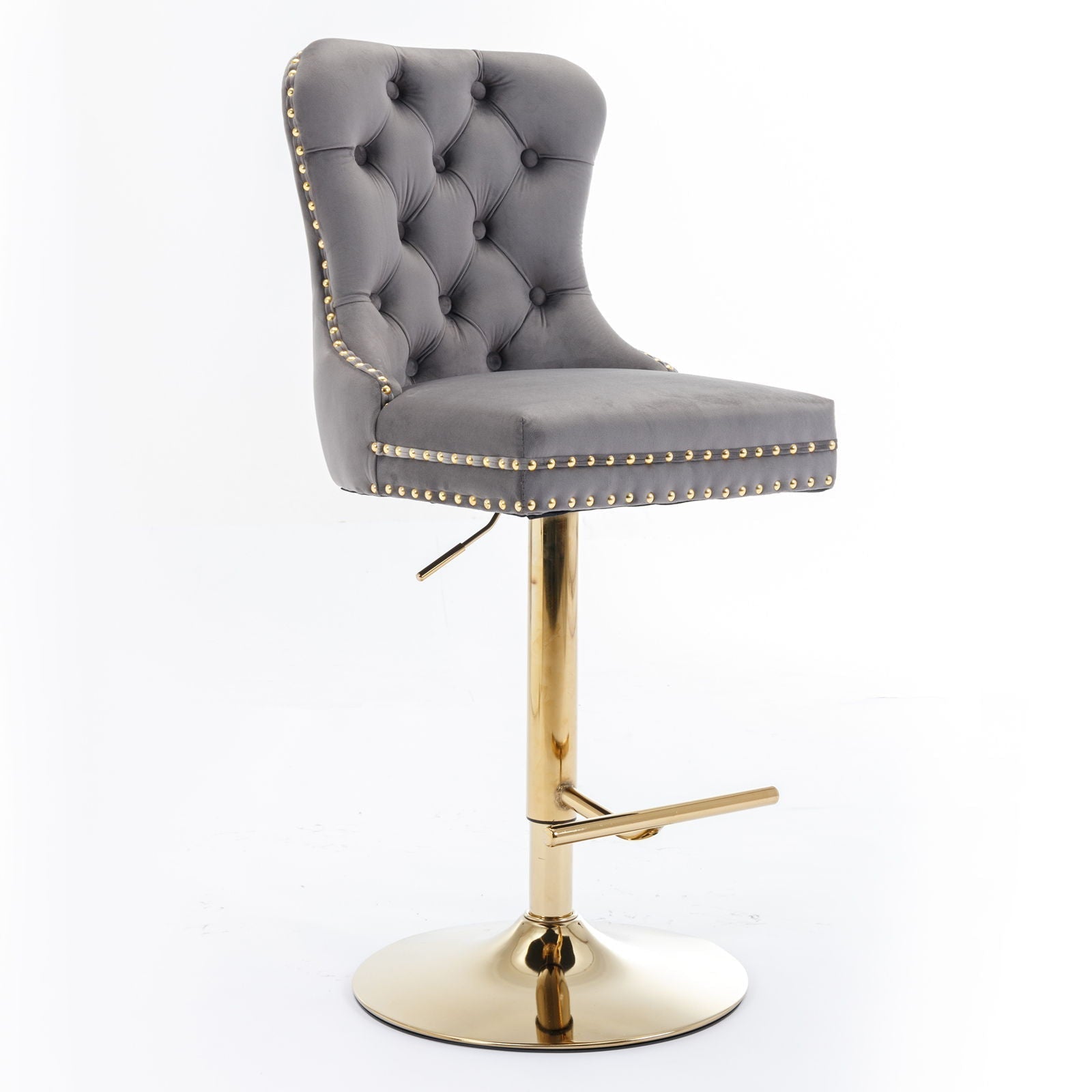 Thick tufted gray swivel bar stool with gold nailhead trim and adjustable height 25–33 in HouseOfZazla on Tampa Home & Garden Store