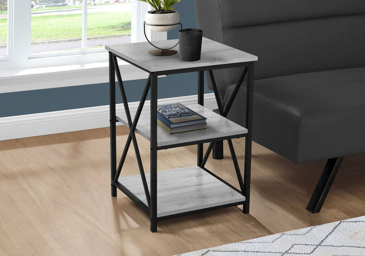 3 Tier Accent Table with marble-look top and black metal frame, holds plant and candle on Tampa Home & Garden Store