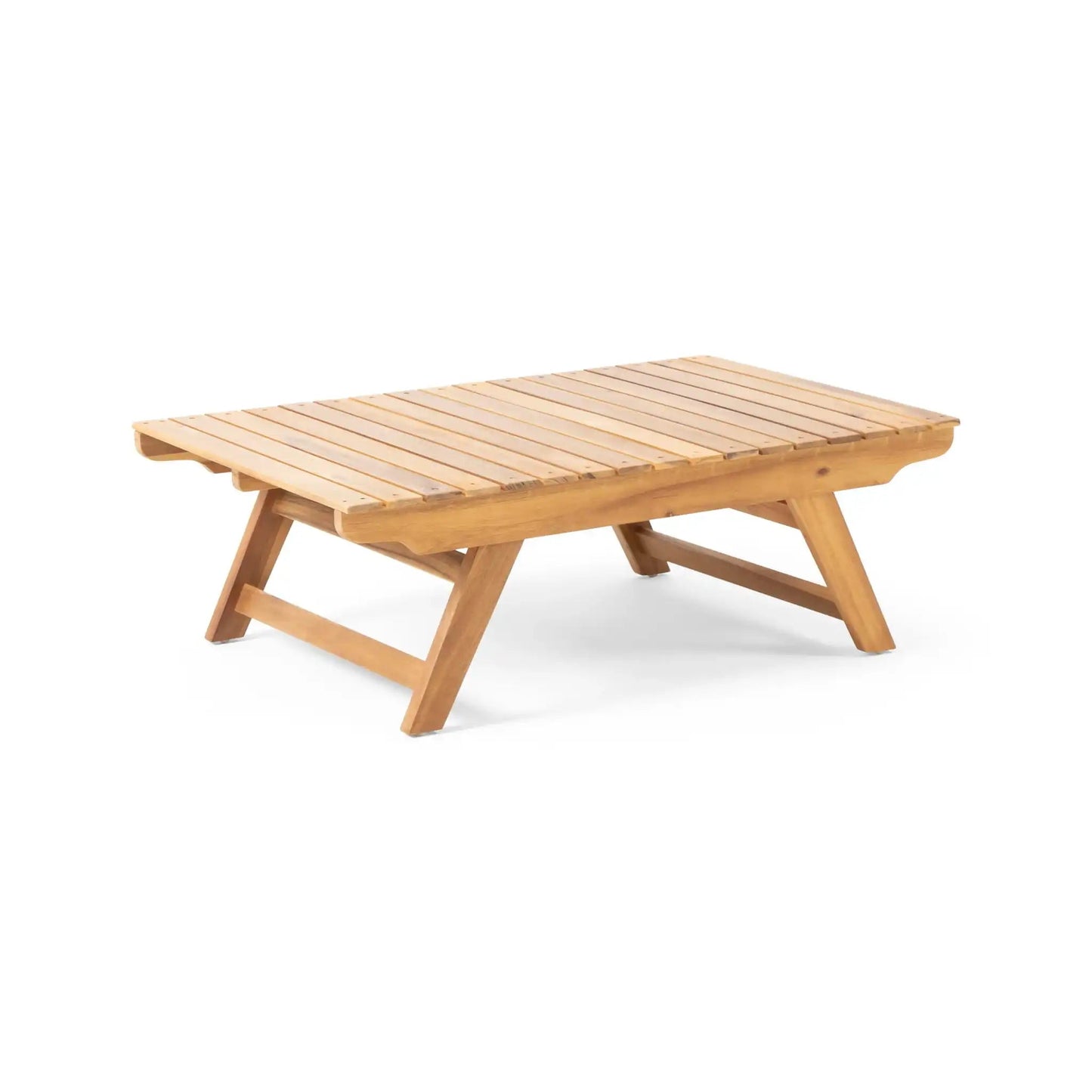 Outdoor acacia wood coffee table with open slat design by HouseOfZazla in natural finish on Tampa Home & Garden Store
