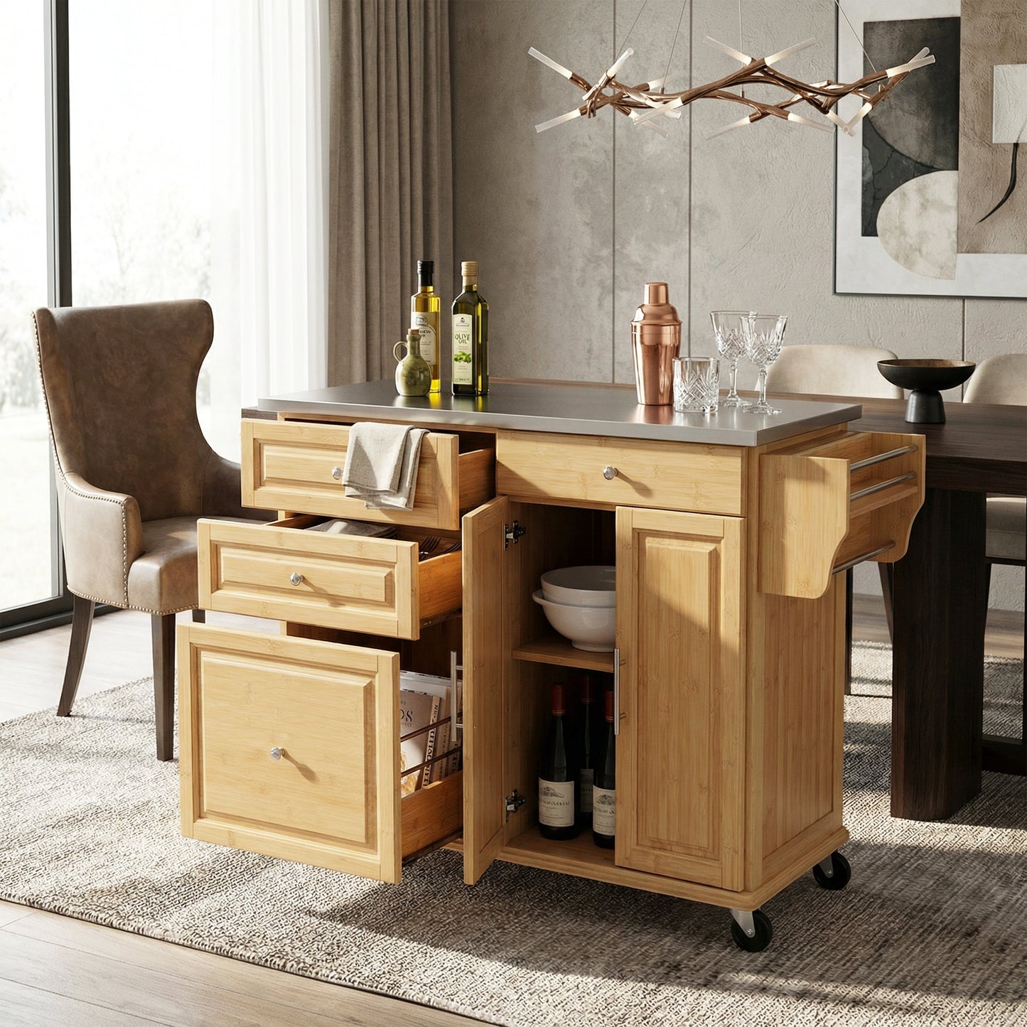 Bamboo Rolling Kitchen Island with Steel Top