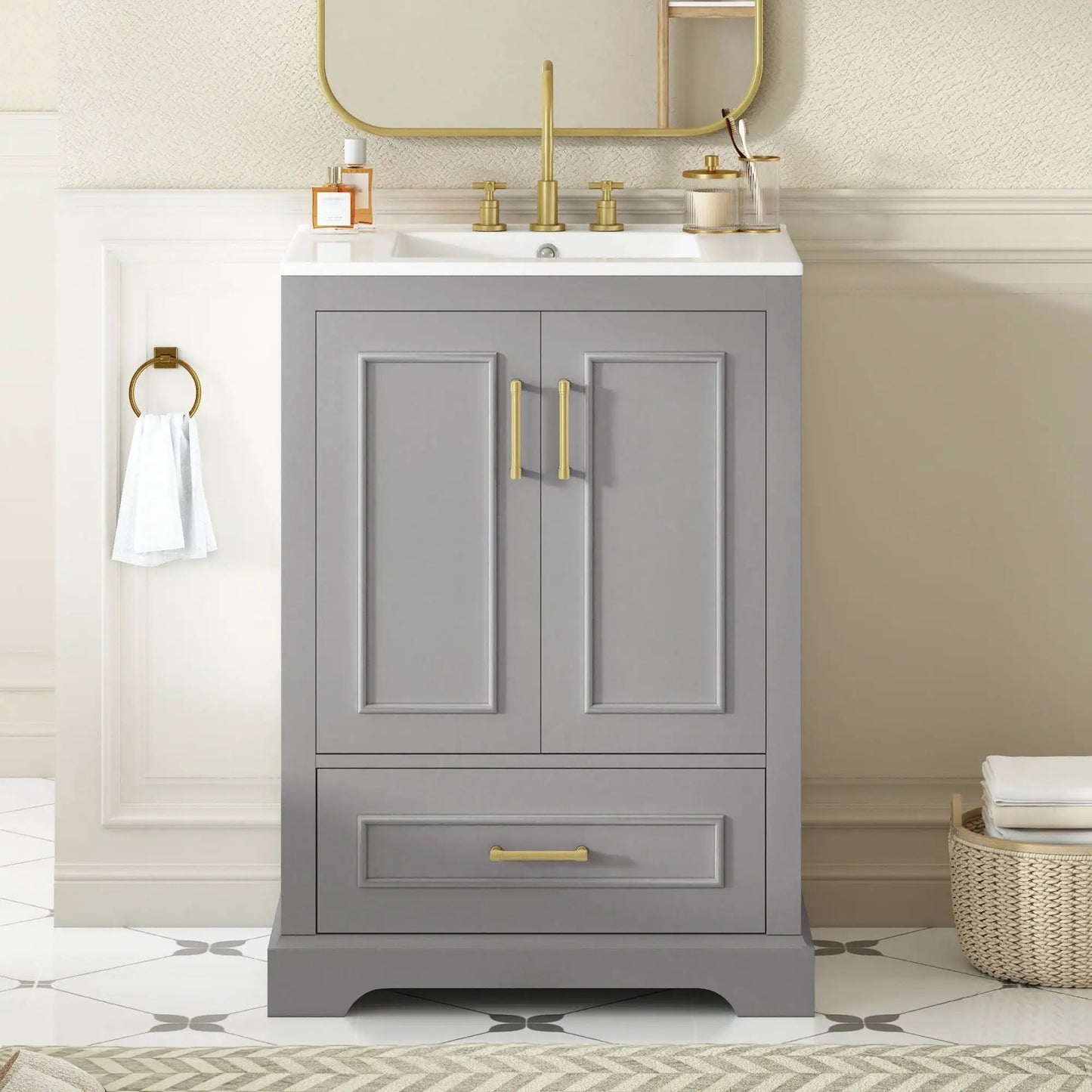 Bathroom vanity with sink, grey cabinet and gold hardware, 1 divided drawer and 2 softclose doors by Unique Piece Furniture on Tampa Home & Garden Store