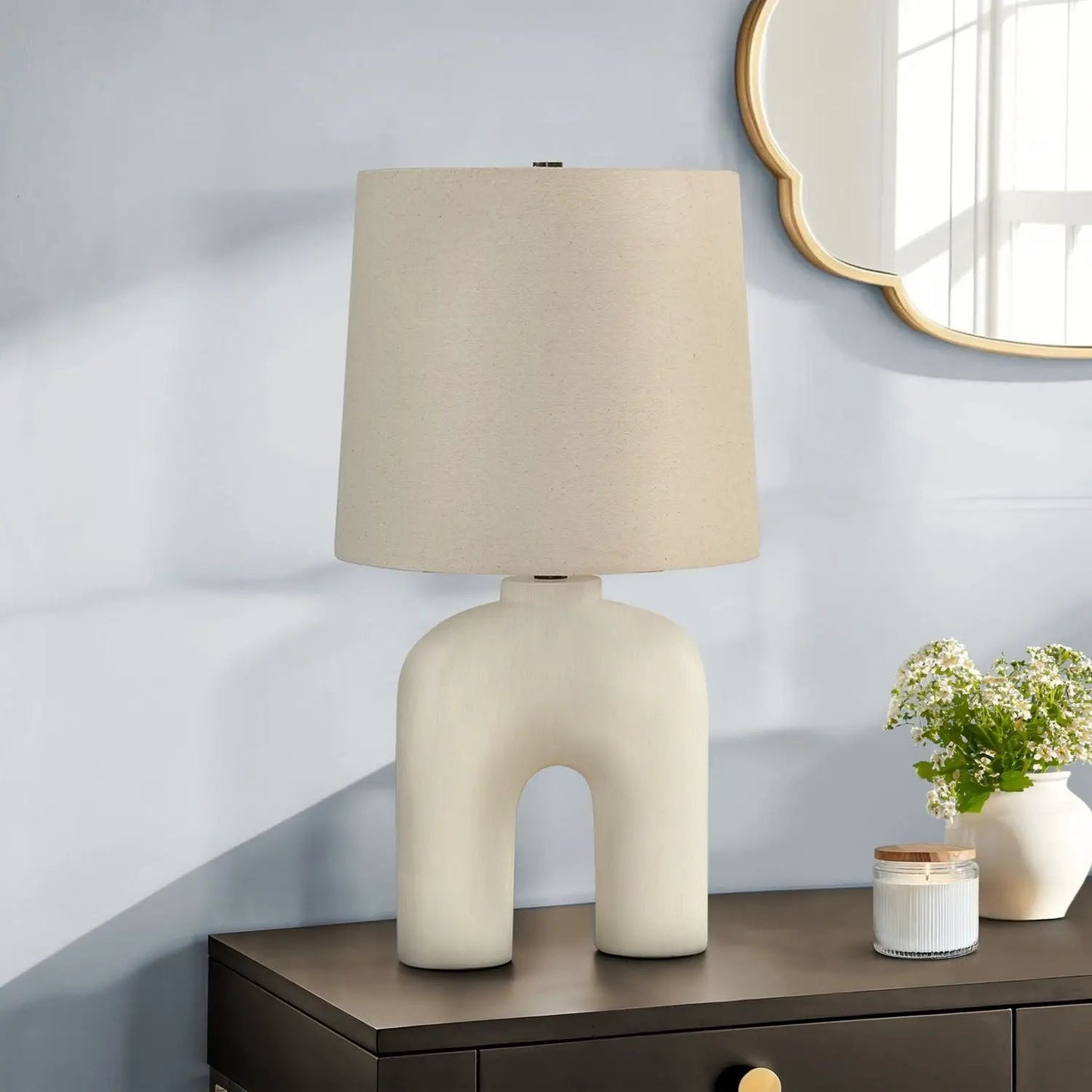 Table lamp with cream resin sculptural base and beige fabric shade Unique Piece Furniture on Tampa Home & Garden Store