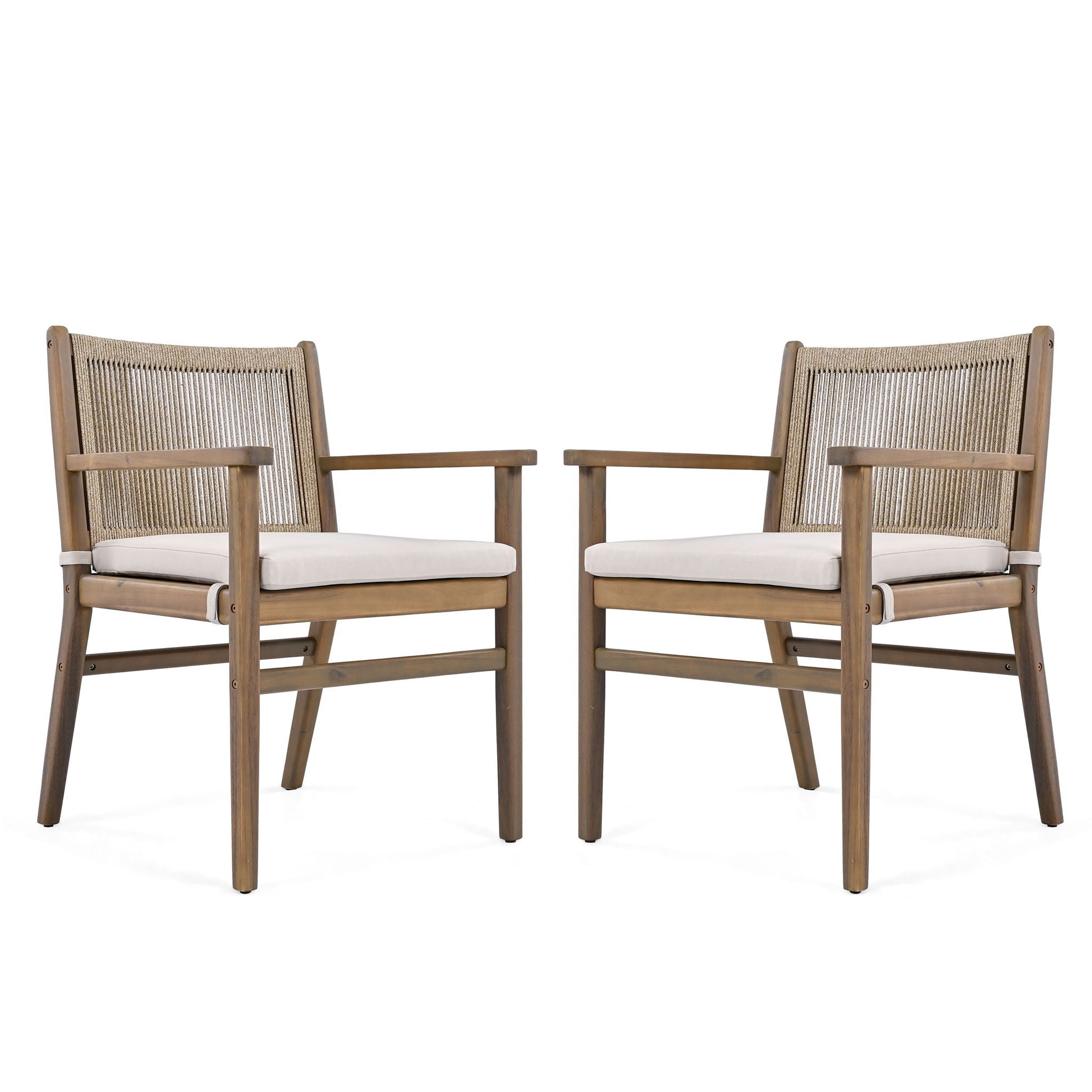Outdoor Acacia Wood Dining Armchairs Set of 2 with woven backs and cushions HouseOfZazla on Tampa Home & Garden Store