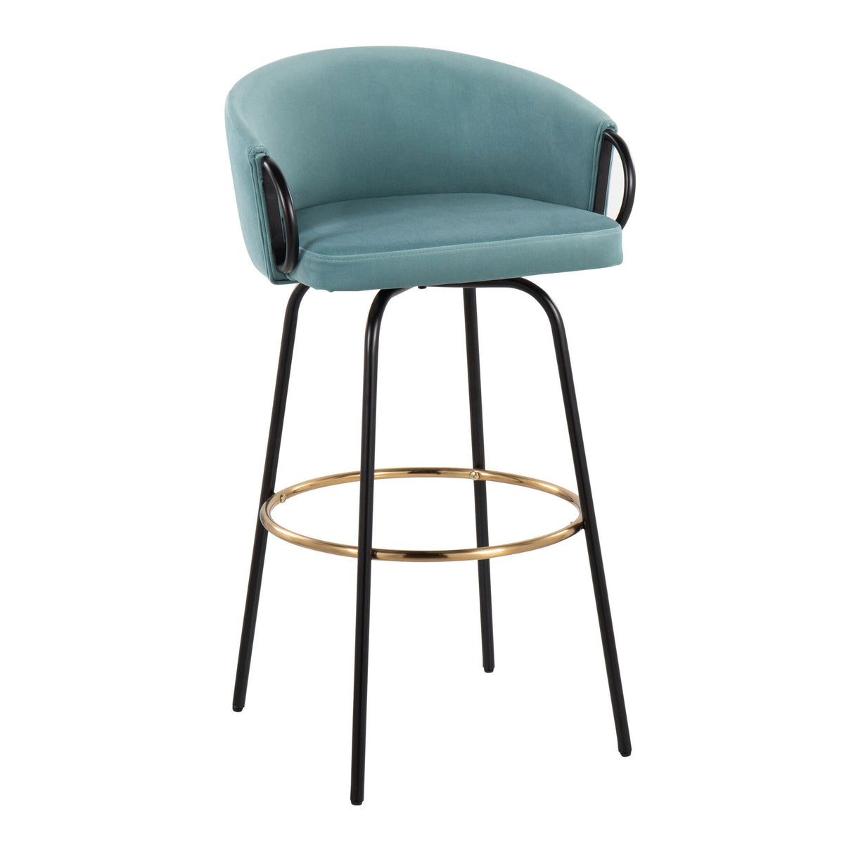 Claire Contemporary Barstools set of 2 with teal upholstery, black metal legs, gold footring on Tampa Home & Garden Store