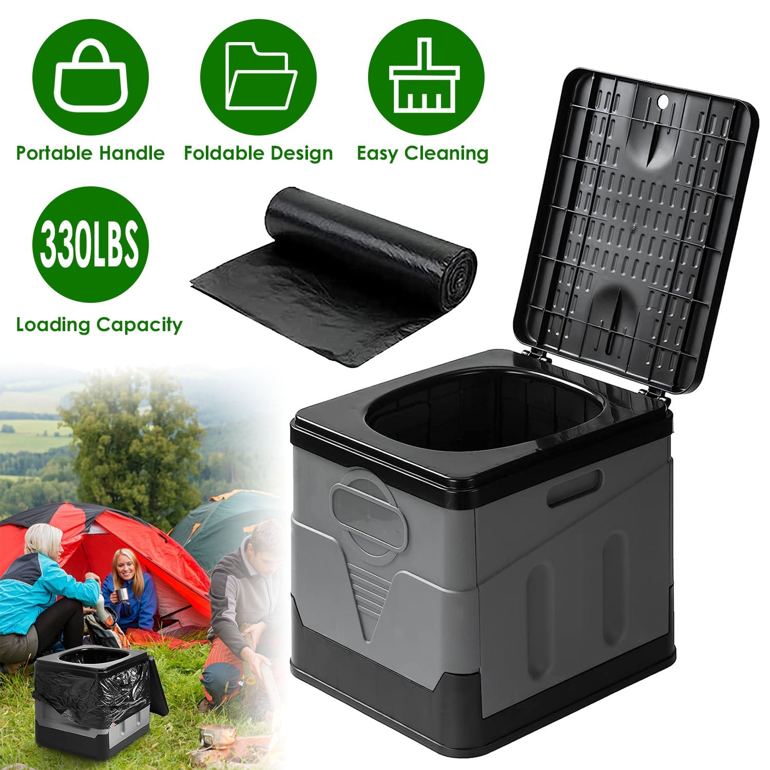 GemGear portable camping toilet with lid and foldable design, 330lbs capacity on Tampa Home & Garden Store