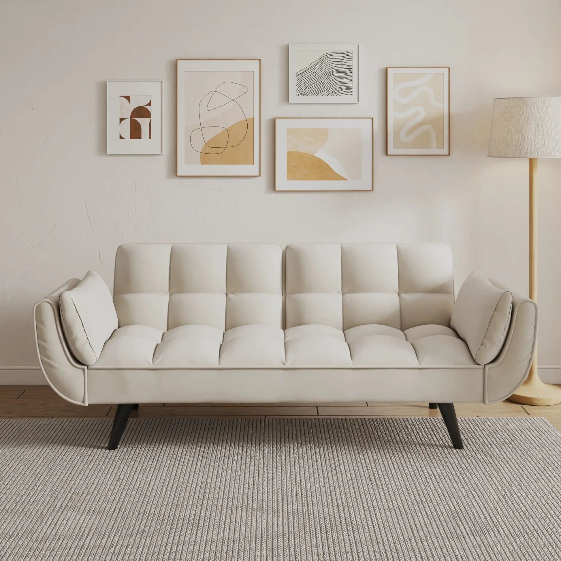 Futon sofa with two armrests in cream upholstery and tufted cushions for small spaces on Tampa Home & Garden Store
