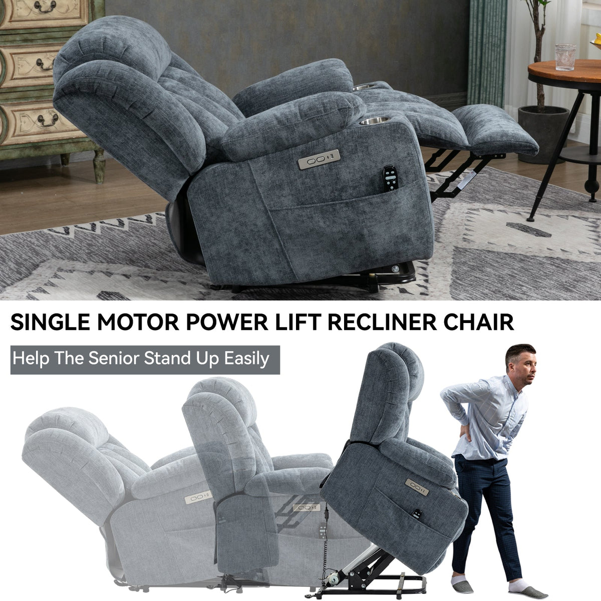 Chenille and power lift recliner with heating