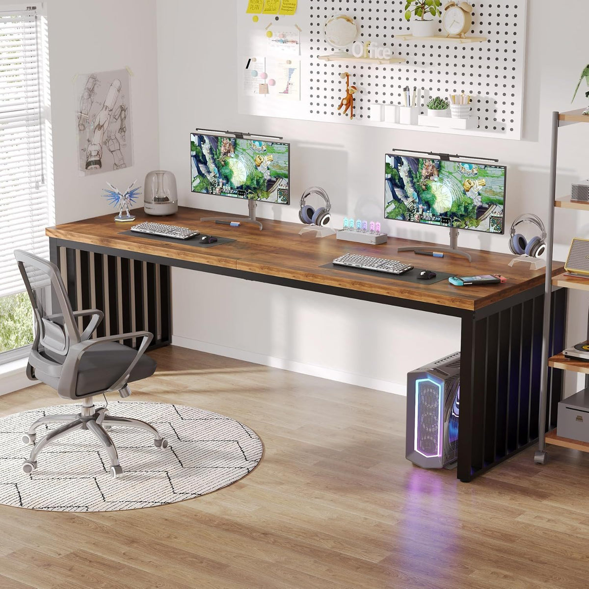 Double computer desk for two with long dark brown top and black legs dual monitors setup on Tampa Home & Garden Store