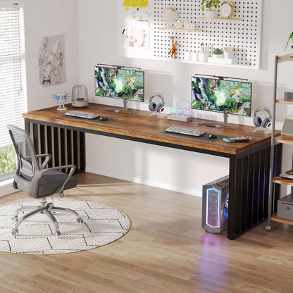 Double computer desk for two with long dark brown top and black legs dual monitors setup on Tampa Home & Garden Store