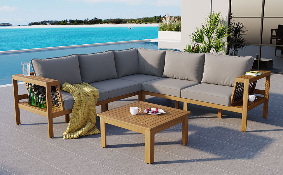 4 Piece Outdoor Acacia Sofa And Coffee Table