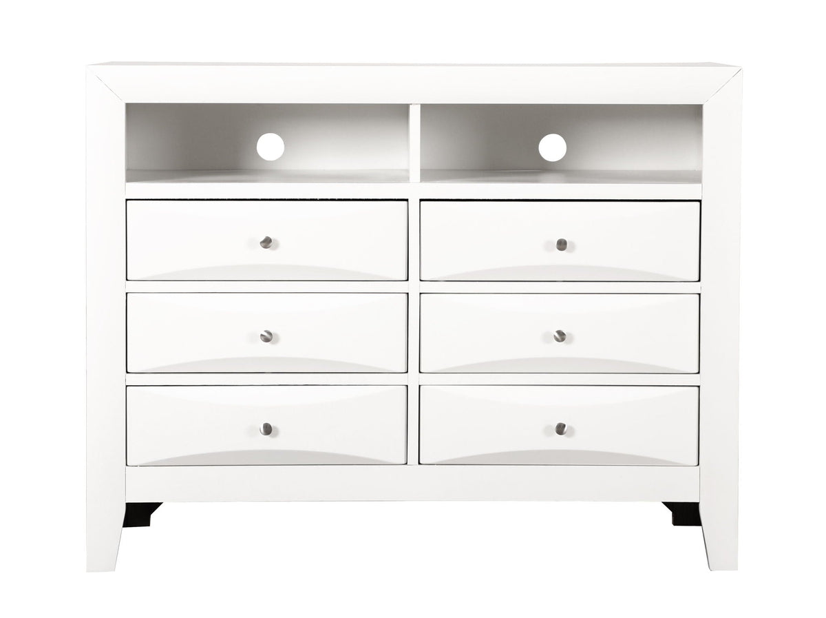 Media Chest with modern beveled fronts, white finish, 2 top cubbies, 4 drawers, metal knobs on Tampa Home & Garden Store