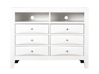 Media Chest with modern beveled fronts, white finish, 2 top cubbies, 4 drawers, metal knobs on Tampa Home & Garden Store