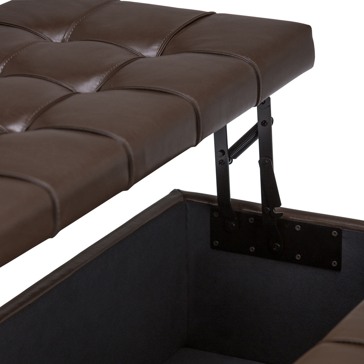 Harrison Tufted Lift Top Storage Ottoman in brown leather with a black metal frame on Tampa Home & Garden Store
