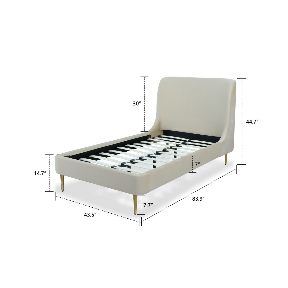Heather upholstered bed with curved headboard, beige fabric and gold legs by HouseOfZazla on Tampa Home & Garden Store