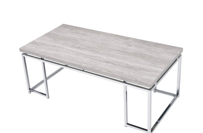 Chafik coffee table with light gray wood grain top and chrome metal frame on Tampa Home & Garden Store