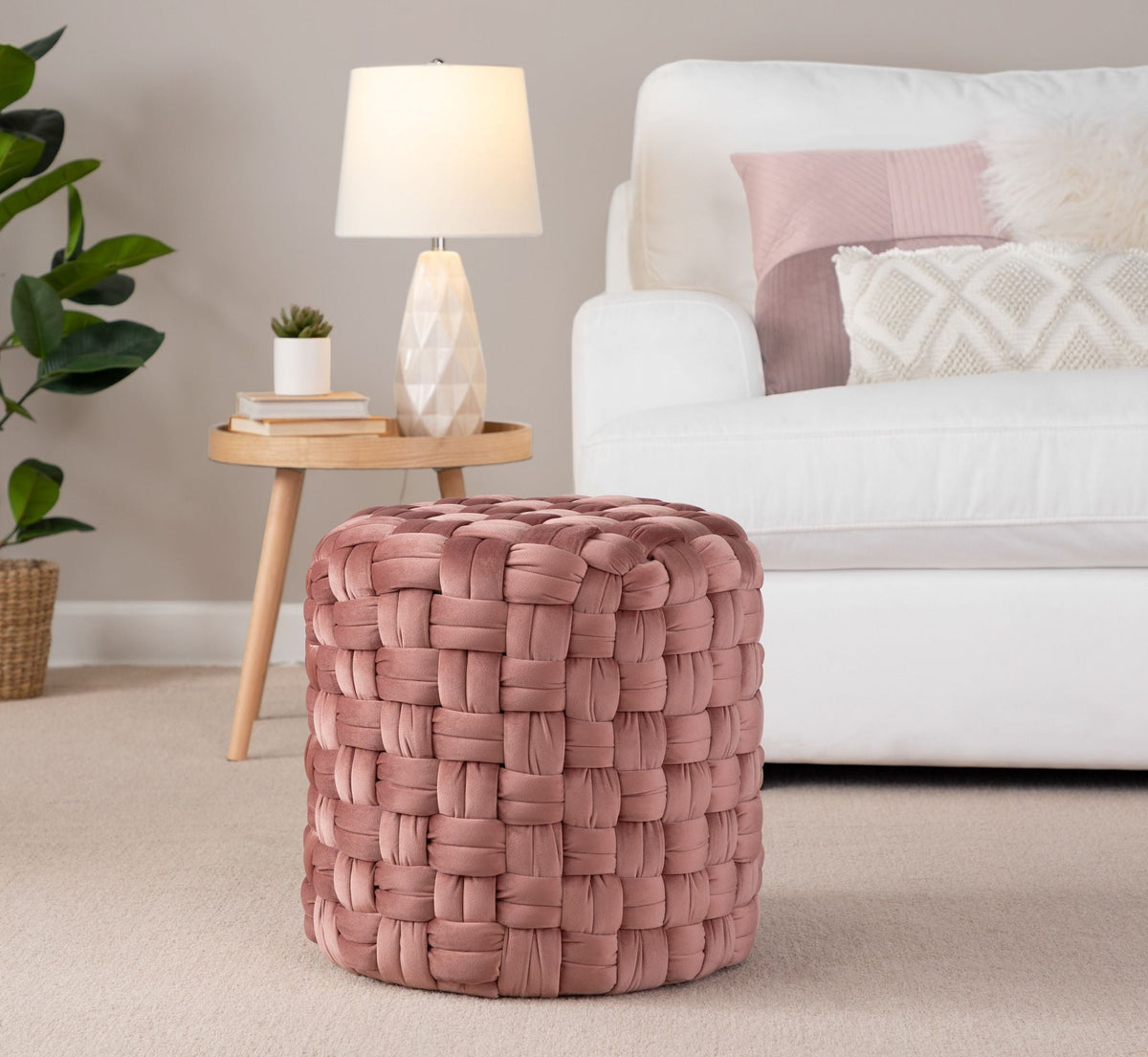 Braided round ottoman in dusty rose velvet by HouseOfZazla for versatile seating on Tampa Home & Garden Store