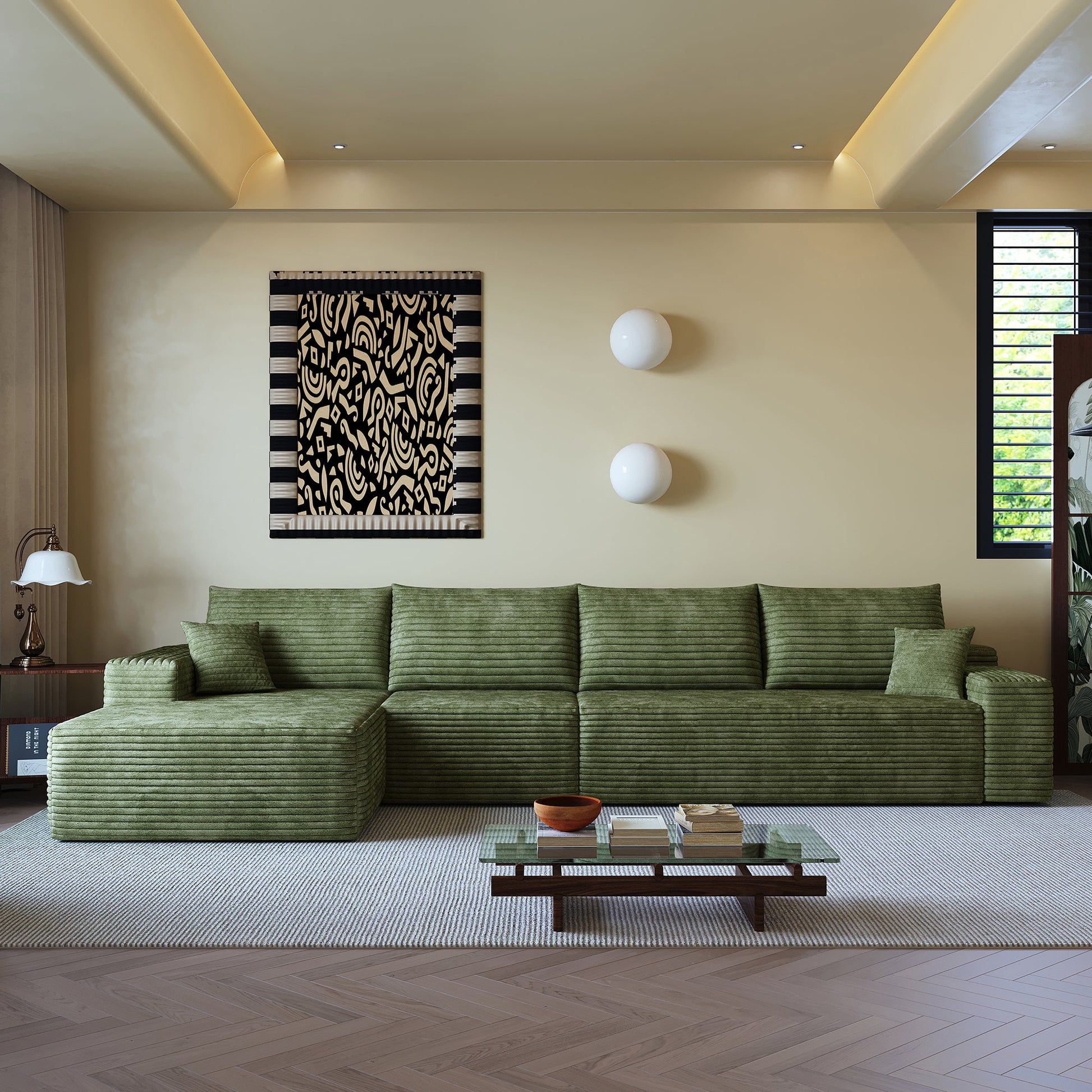 135in Cloud Sectional Couch with L-Shape Chaise by HouseOfZazla in green fabric on Tampa Home & Garden Store