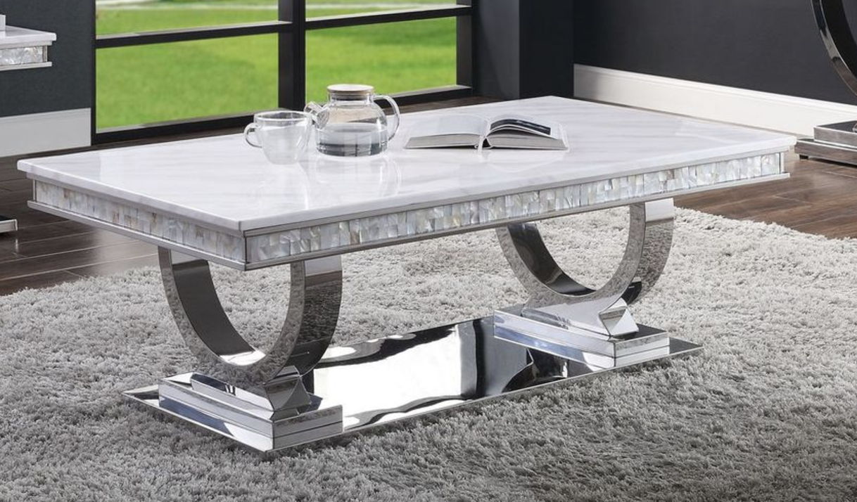 Zander Faux Marble Top Mirrored Coffee Table with curved chrome loop legs by HouseOfZazla on Tampa Home & Garden Store
