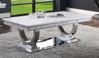 Zander Faux Marble Top Mirrored Coffee Table with curved chrome loop legs by HouseOfZazla on Tampa Home & Garden Store