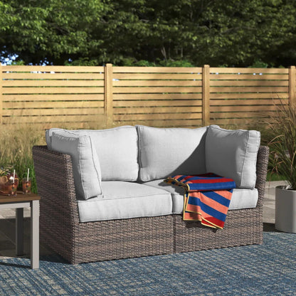 Modern patio wicker loveseat with light gray cushions on dark brown wicker by HouseOfZazla on Tampa Home & Garden Store