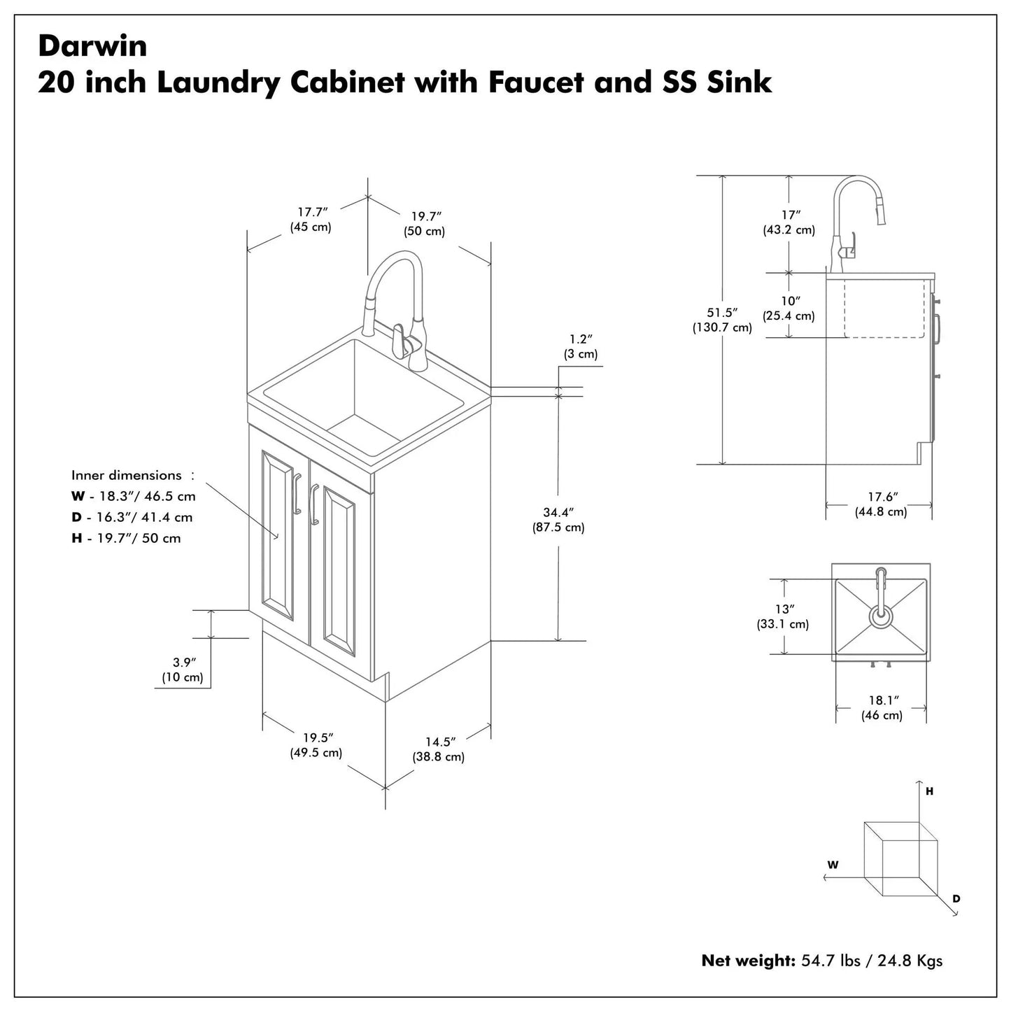 Darwin Deluxe Laundry Cabinet with Pull-Out Faucet and SS Sink, 3D blueprint with dimensions on Tampa Home & Garden Store
