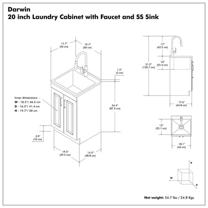 Darwin Deluxe Laundry Cabinet with Pull-Out Faucet and SS Sink, 3D blueprint with dimensions on Tampa Home & Garden Store