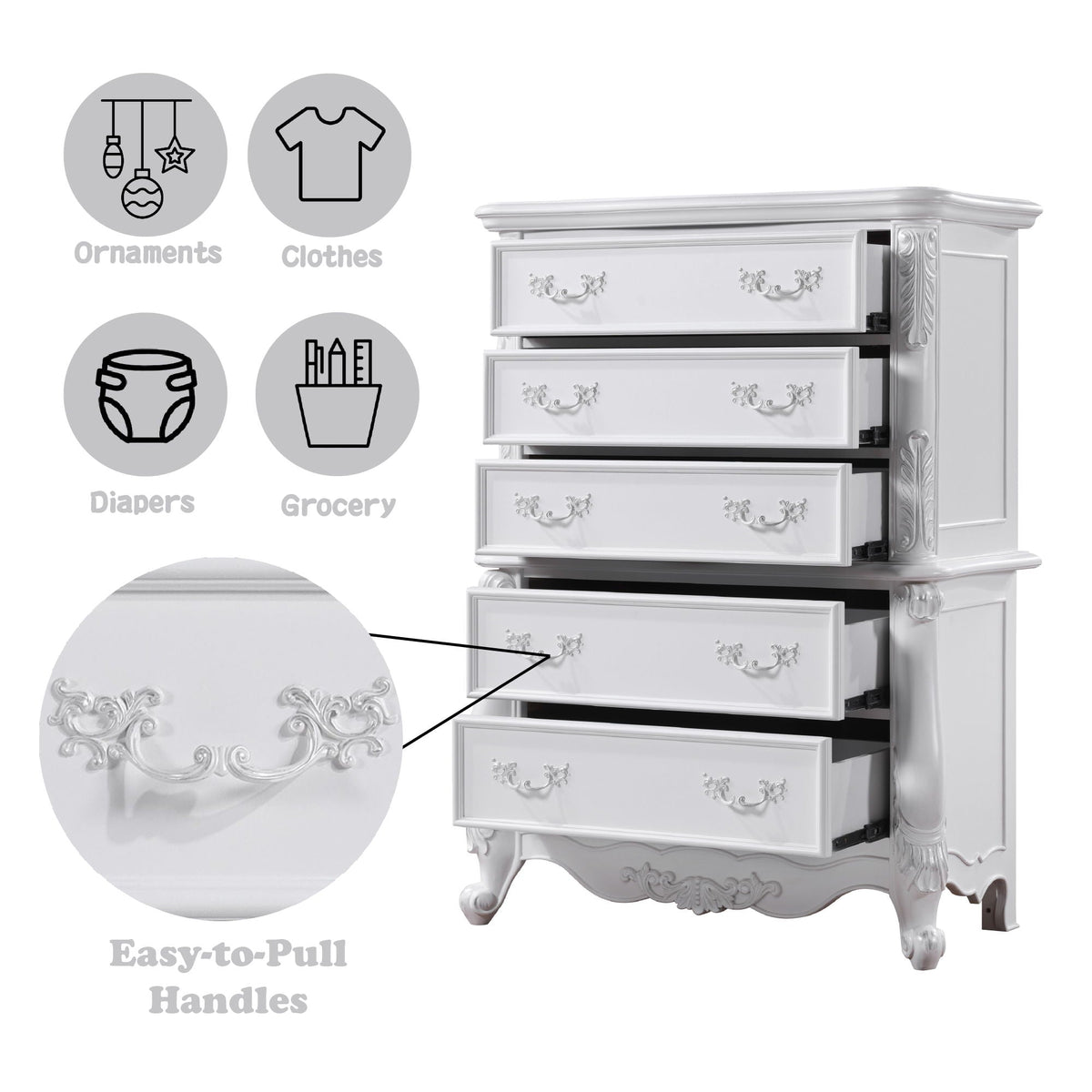 Latisha White Accent Chest with Storage Drawers, white ornate chest with decorative handles on Tampa Home & Garden Store