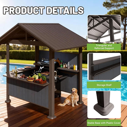 Hardtop grill gazebo by HouseOfZazla with storage shelves and resin shade brown outdoor kitchen on Tampa Home & Garden Store