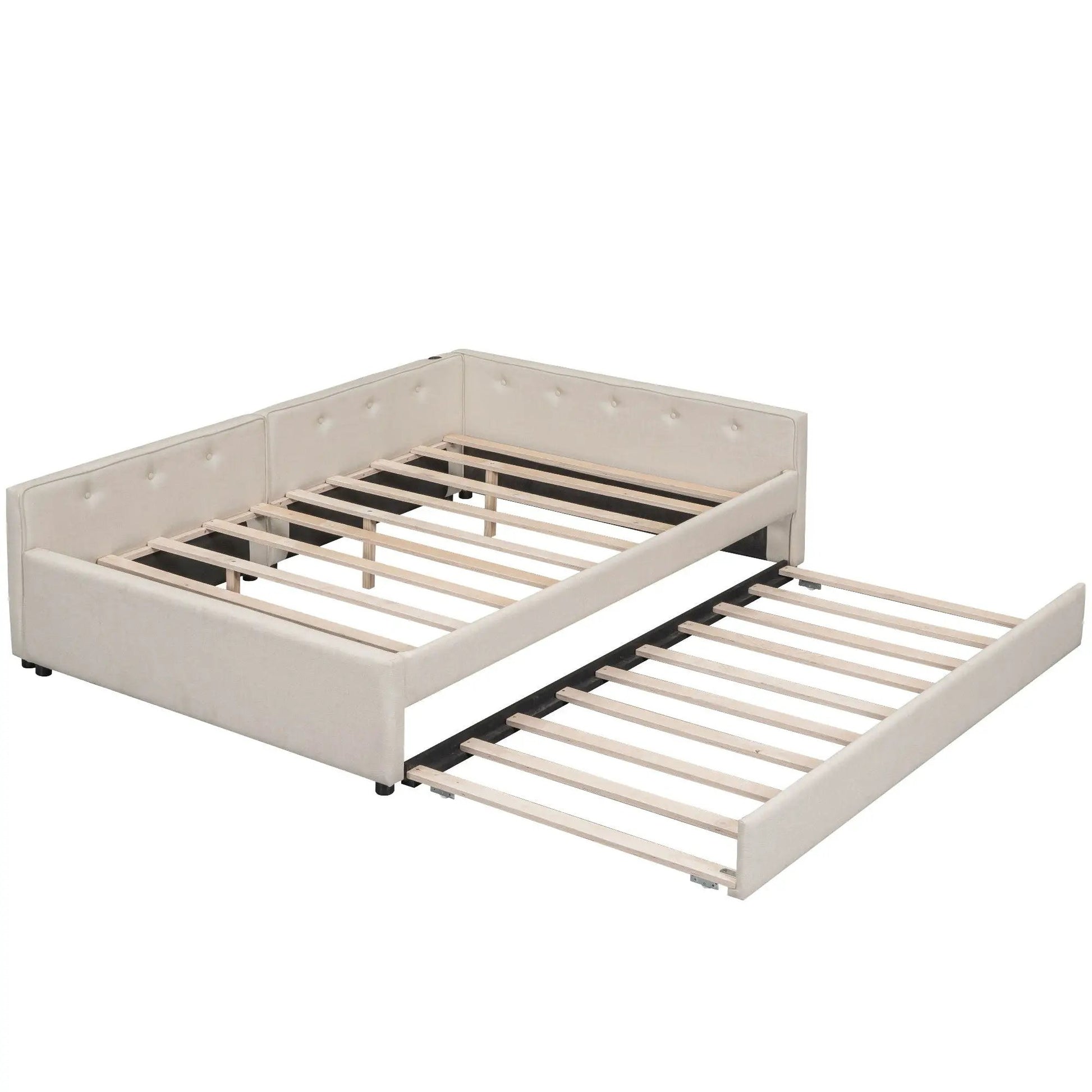 Beige fabric platform bed with USB ports and pull-out trundle by Unique Piece Furniture on Tampa Home & Garden Store