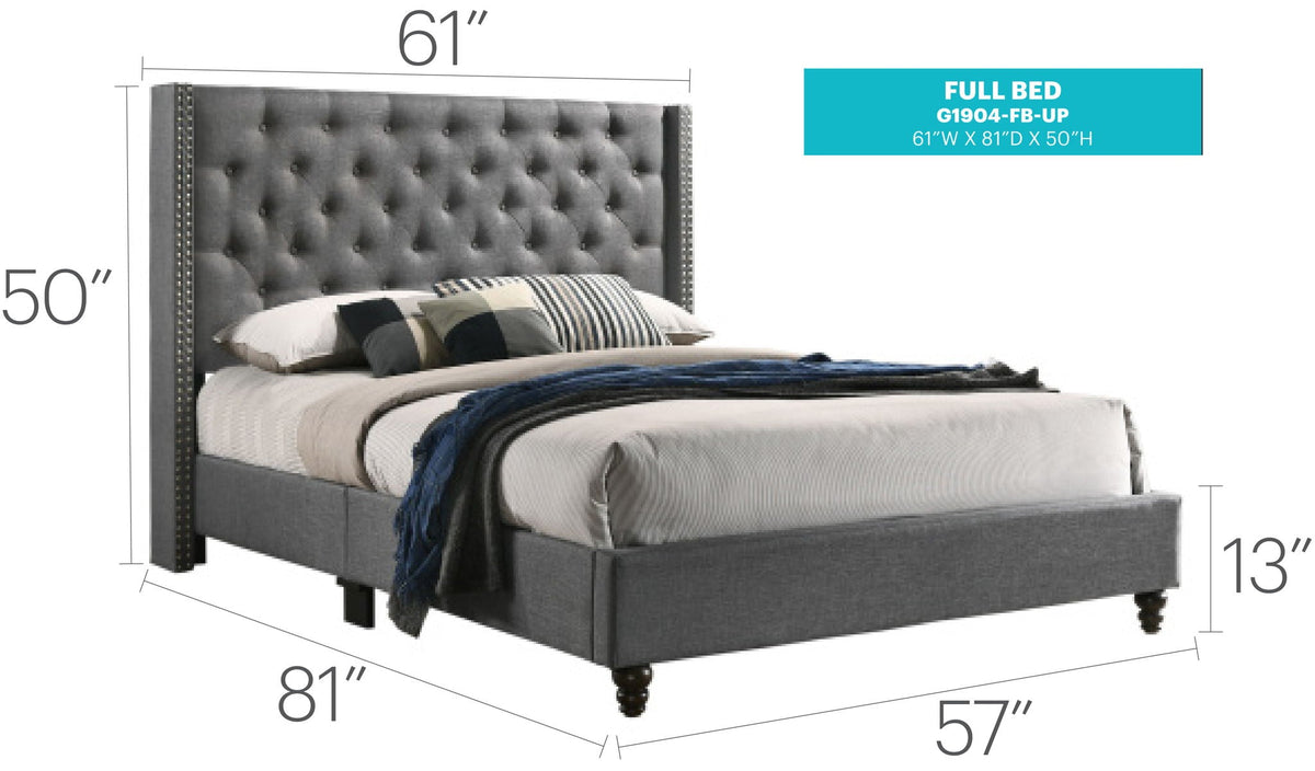 Nailhead Bed Transitional Vibrant upholstered bed by HouseOfZazla, dark gray tufted headboard on Tampa Home & Garden Store