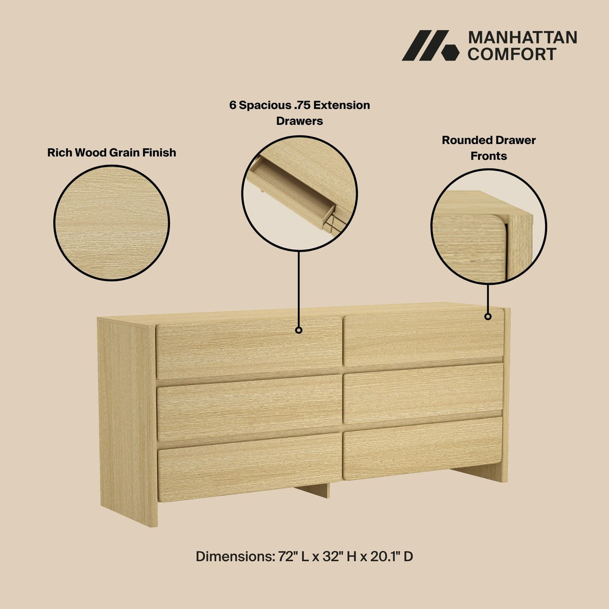 Double wide 6-drawer dresser in rich oak wood grain finish by HouseOfZazla on Tampa Home & Garden Store